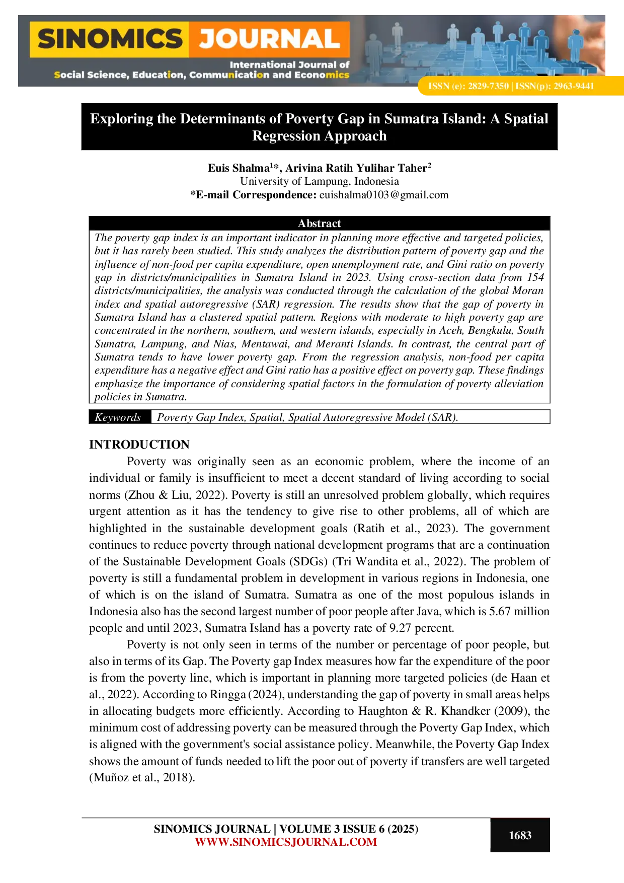 JURIS Exploring the Determinants of Poverty Gap in Sumatra Island A Spatial Regression Approach