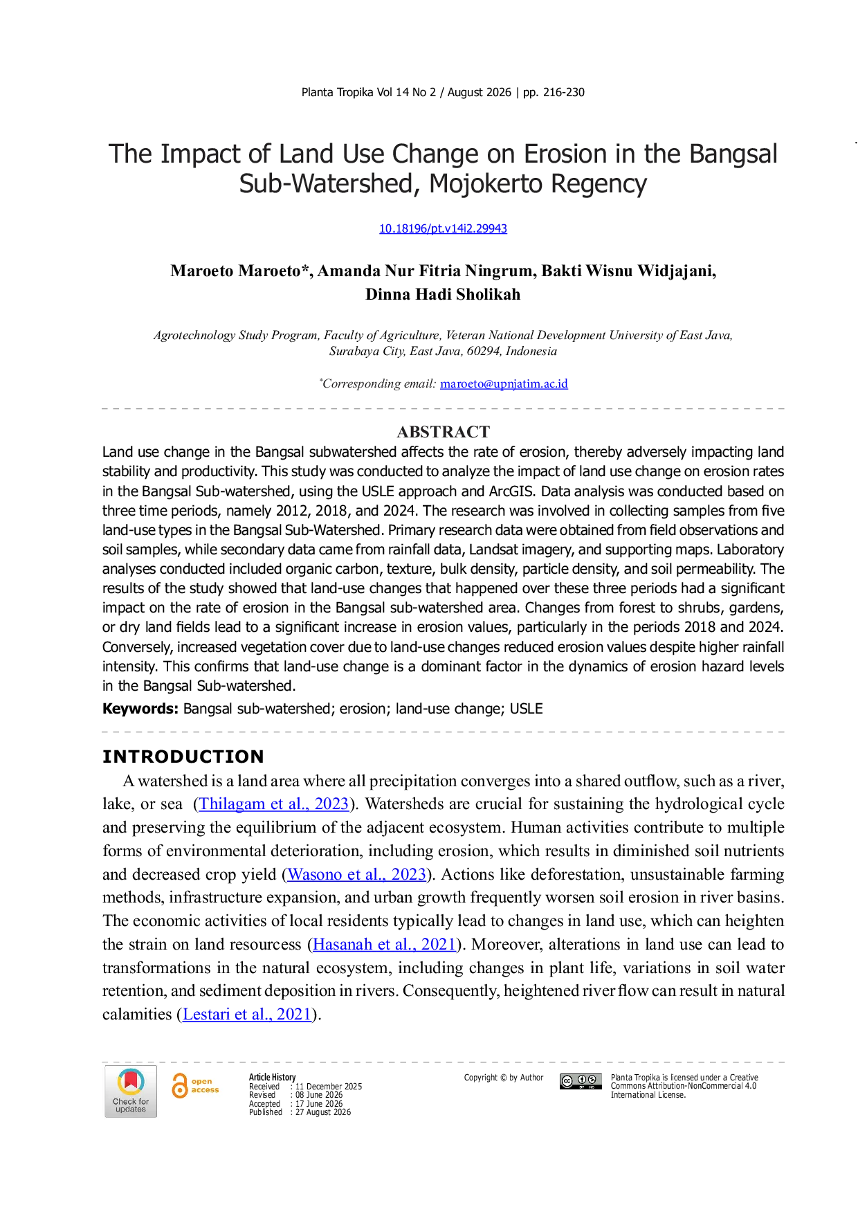 JURIS The Impact of Land Use Change on Erosion in the Bangsal Sub Watershed Mojokerto Regency