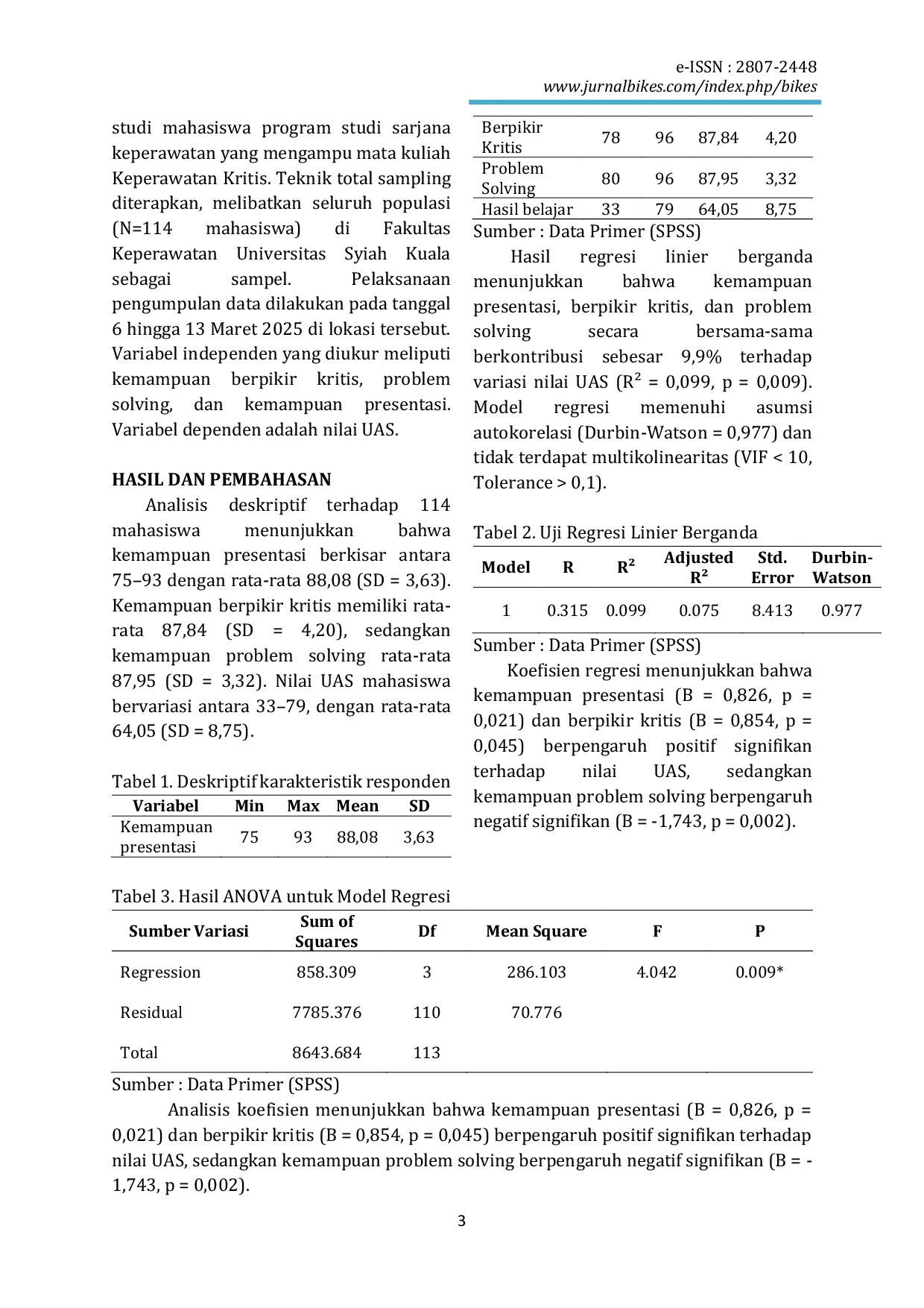 JURIS Kemampuan Berpikir Kritis Problem Solving dan Presentasi sebagai Prediktor Hasil Ujian Akhir Semester Mahasiswa Keperawatan