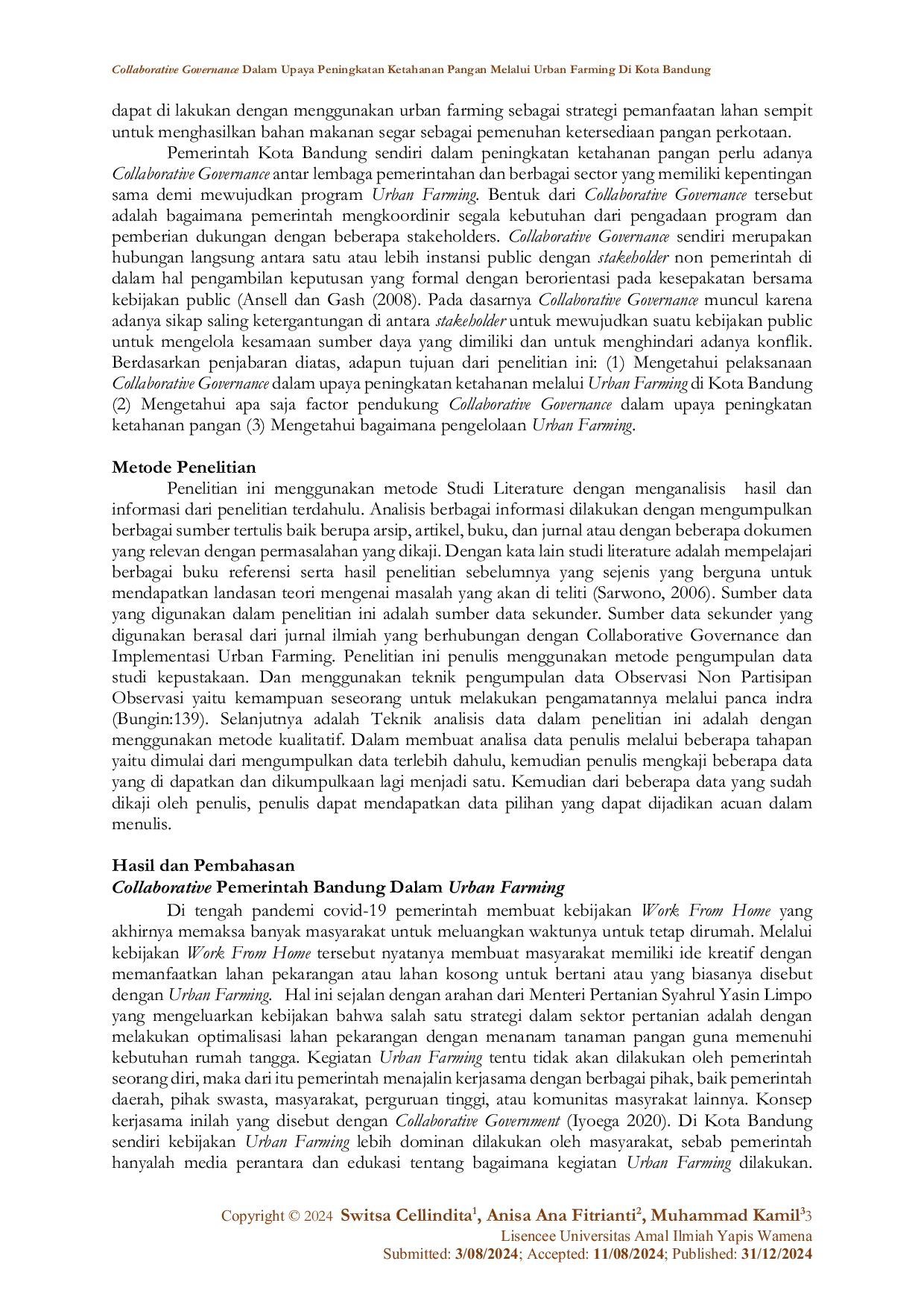 JURIS Collaborative Governance Dalam Upaya Peningkatan Ketahanan Pangan Melalui Urban Farming Di Kota Bandung