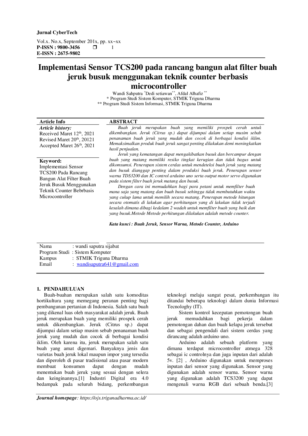 JURIS Implementasi sensor TCS200 pada rancang bangun alat filter buah jeruk busuk menggunakan teknik counter berbasis microcontroller