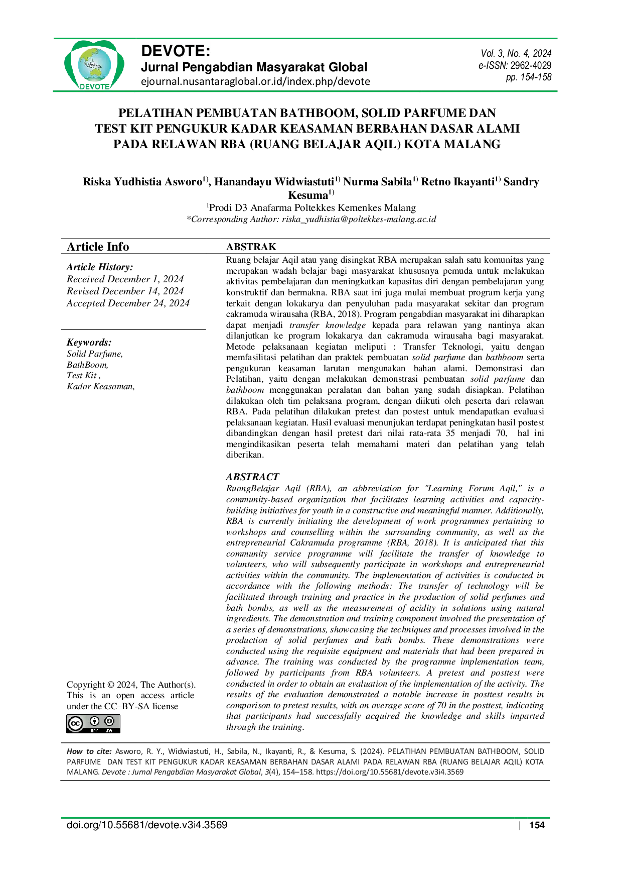 JURIS Pelatihan Pembuatan Bathboom Solid Parfume dan Test Kit Pengukur Kadar Keasaman Berbahan Dasar Alami pada Relawan RBA Ruang Belajar Aqil Kota Malang