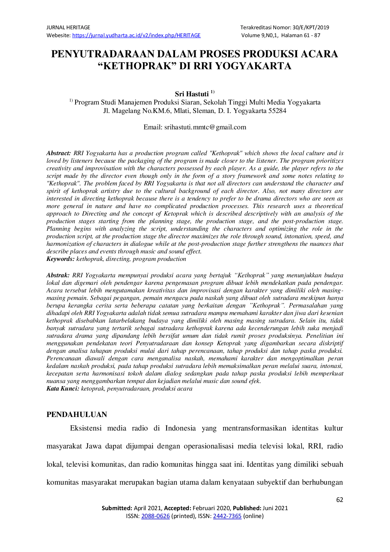 JURIS Penyutradaraan dalam Proses Produksi Acara Kethoprak di RRI Yogyakarta
