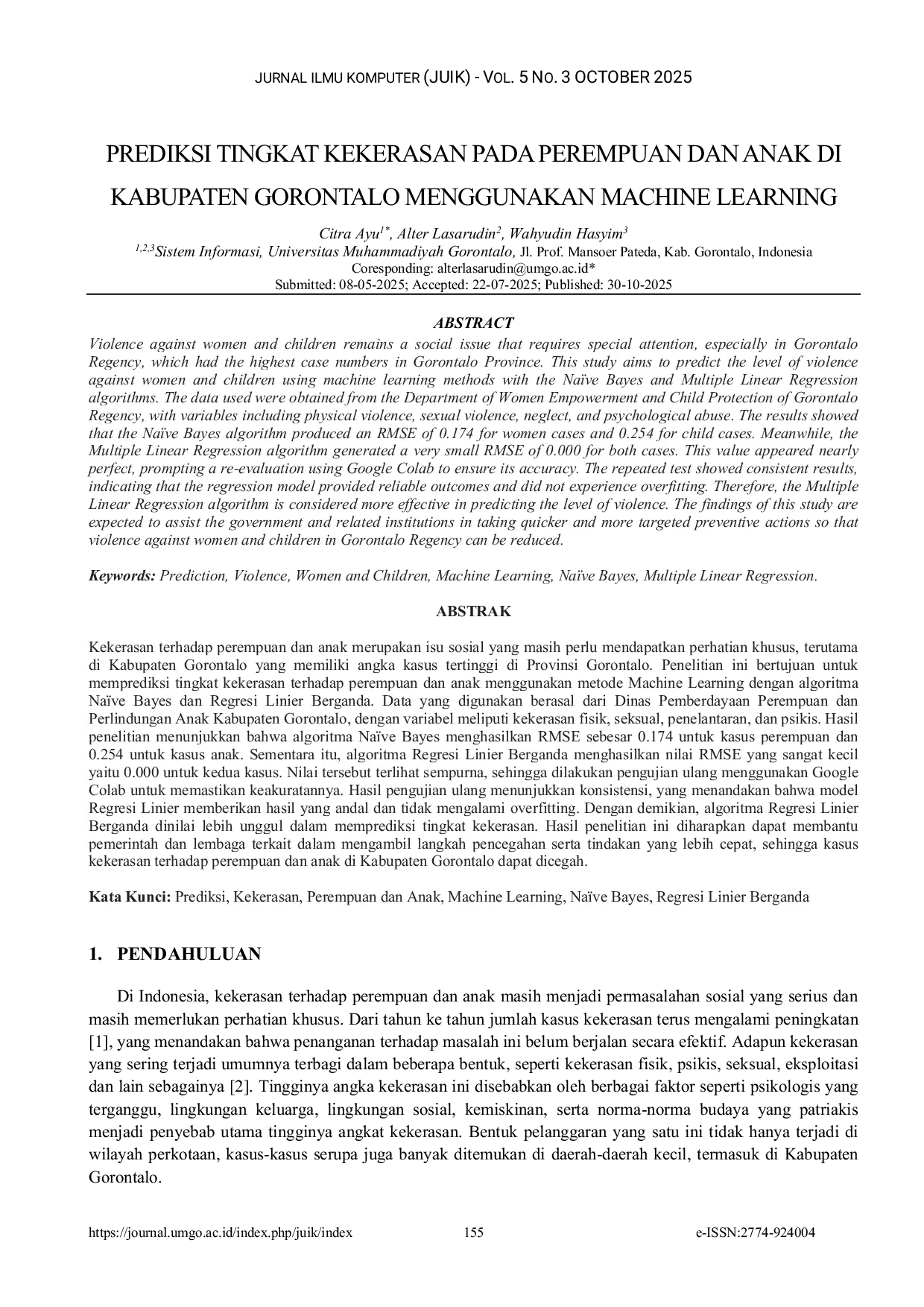JURIS Prediksi Tingkat Kekerasan Pada Perempuan Dan Anak Di Kabupaten Gorontalo Menggunakan Machine Learning