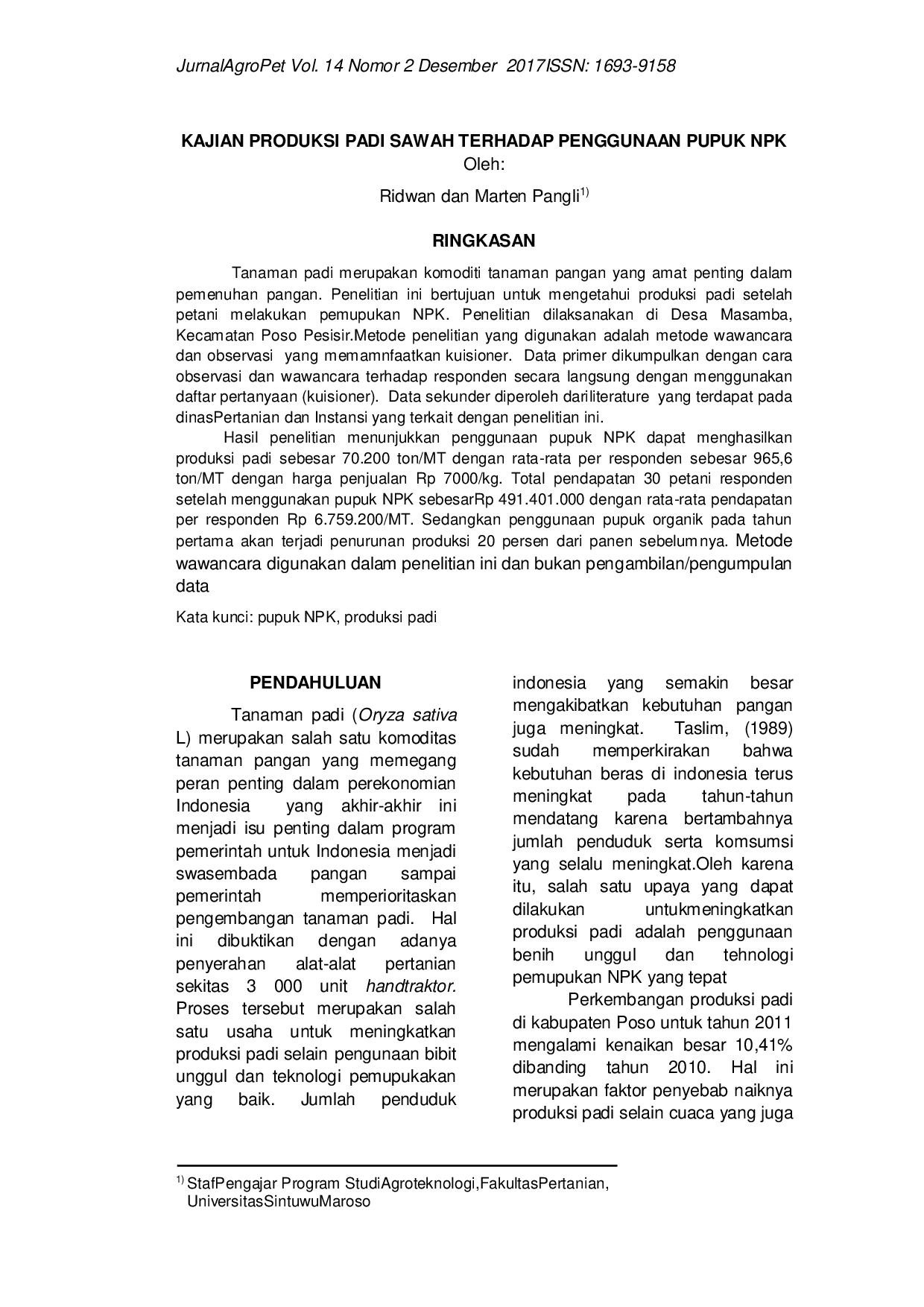 JURIS Kajian Produksi Padi Sawah Terhadap Penggunaan Pupuk Npk