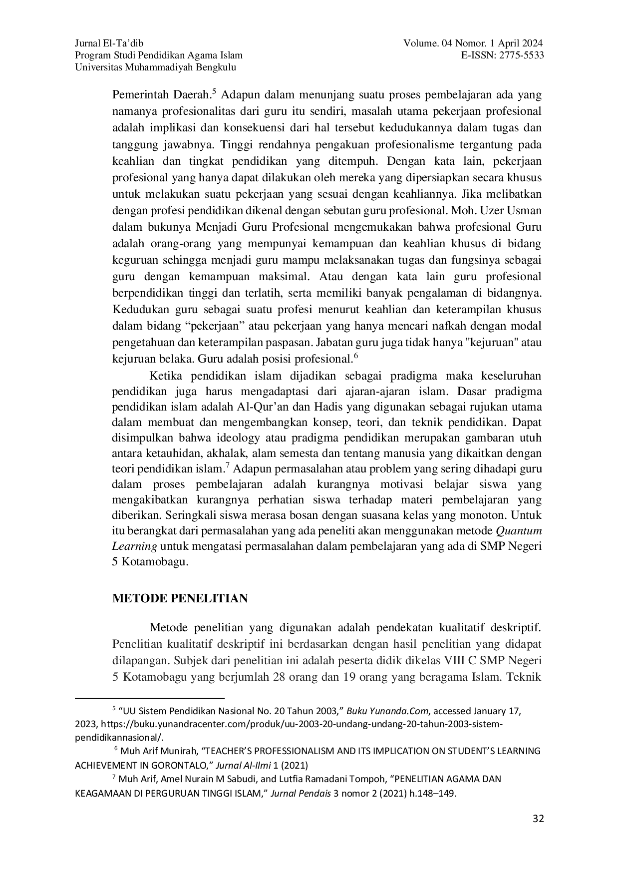 JURIS Penerapan Metode Quantum Learning Dalam Pembelajaran PAI di SMP Negeri 5 Kotamobagu