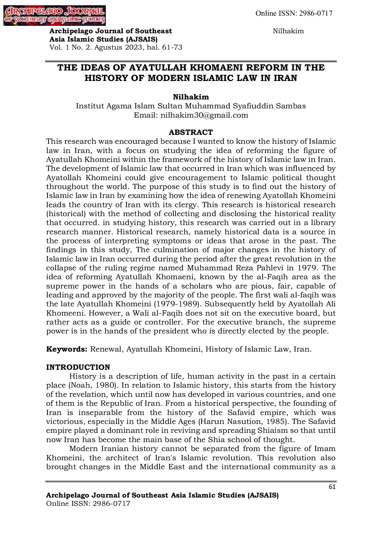 JURIS Ide Ide Reformasi Ayatullah Khomeini dalam Sejarah Hukum Islam Modern di Iran