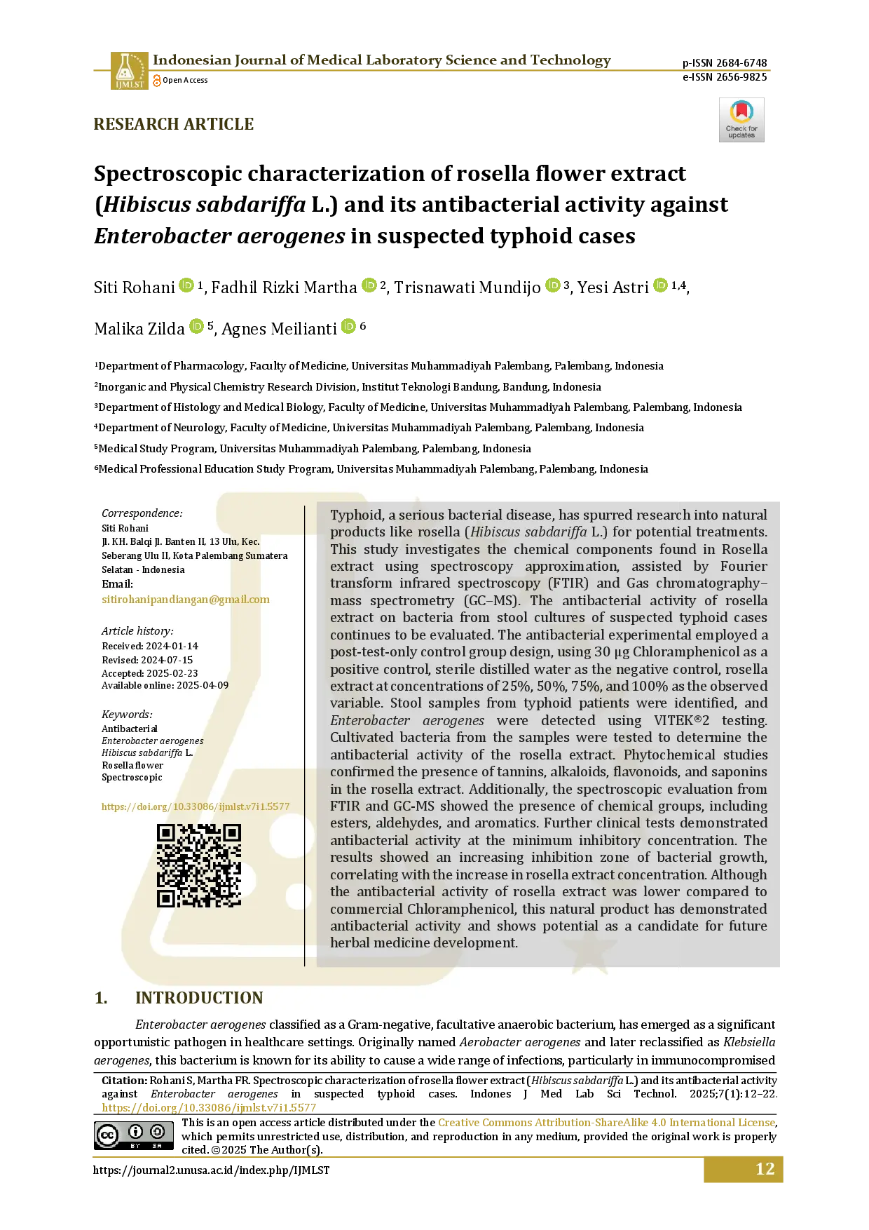 juris Spectroscopic characterization of rosella flower extract Hibiscus sabdariffa L and its antibacterial activity against Enterobacter aerogenes in suspected typhoid cases