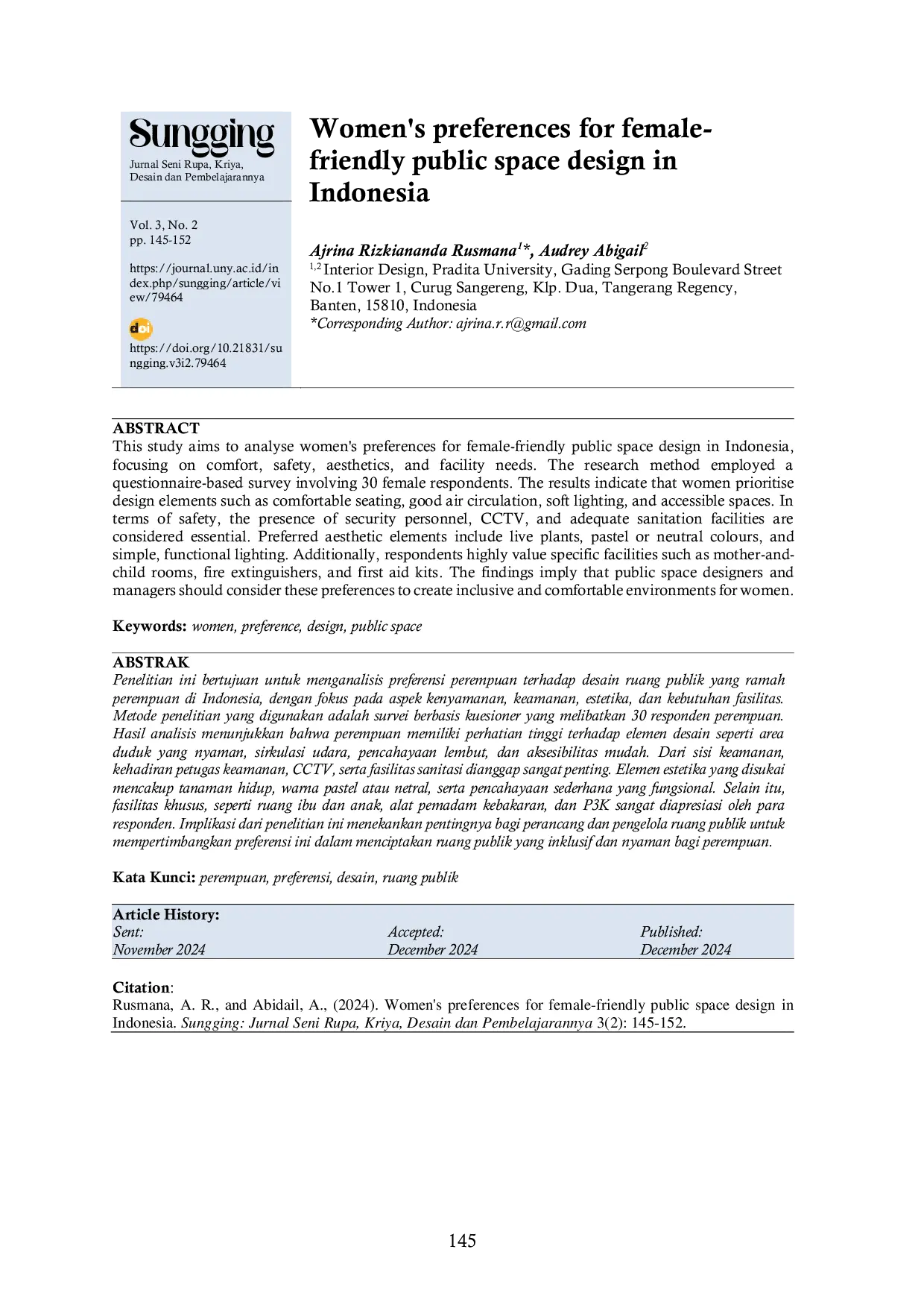 JURIS Women s preferences for female friendly public space design in Indonesia