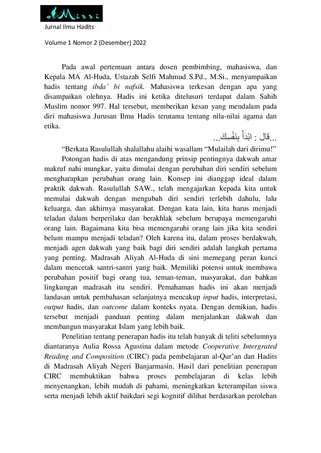 JURIS Penerapan Hadis Ibda Bi Nafsik di Madrasah Aliyah Al Huda Kota Gorontalo