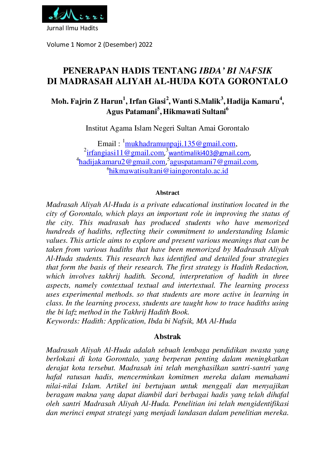 JURIS Penerapan Hadis Ibda Bi Nafsik di Madrasah Aliyah Al Huda Kota Gorontalo