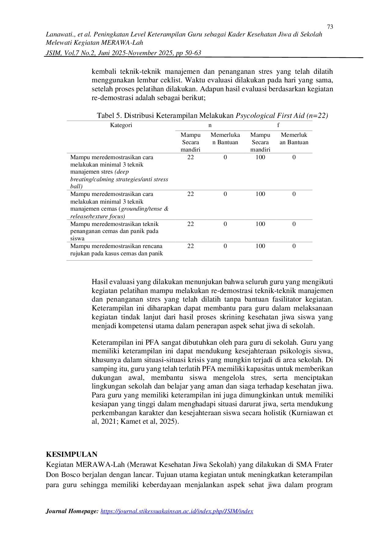 JURIS Peningkatan Level Keterampilan Guru Sebagai Kader Kesehatan Jiwa di Sekolah Melewati Kegiatan MERAWA Lah