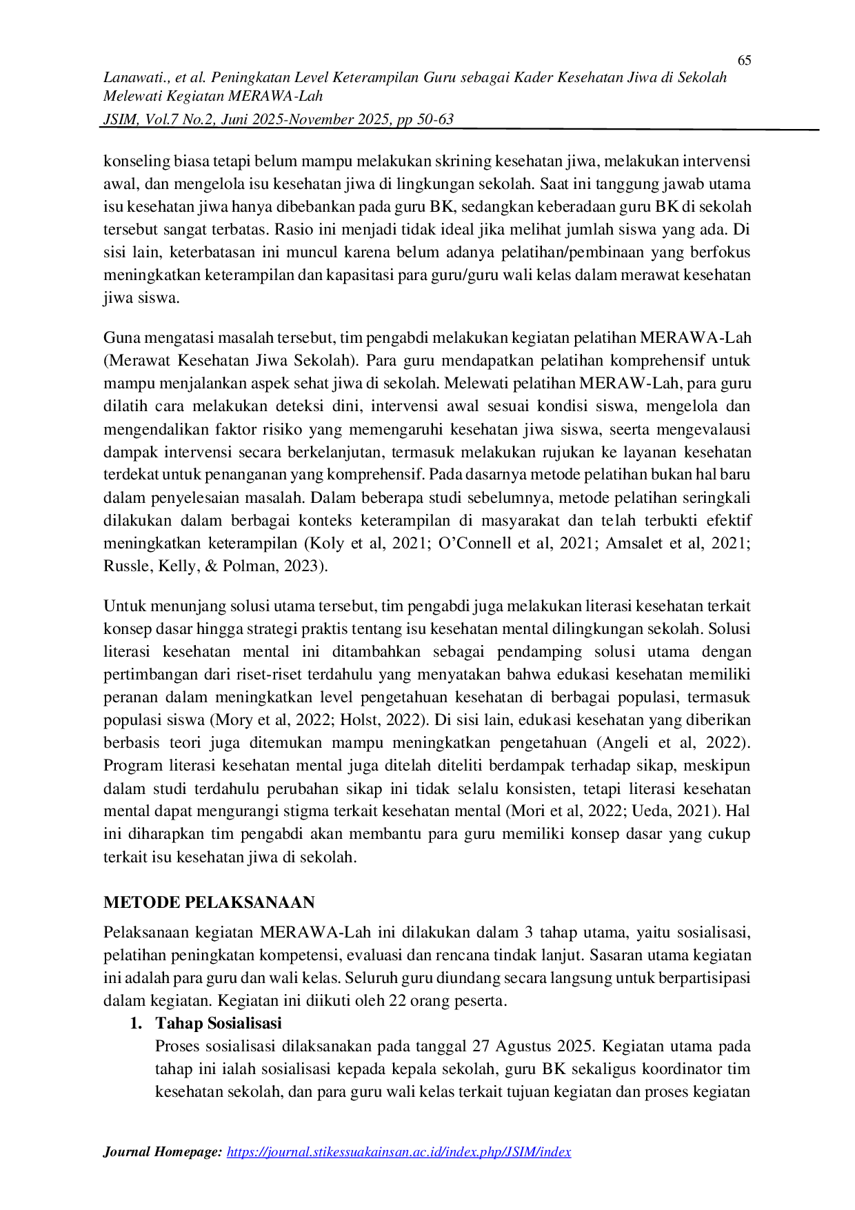 JURIS Peningkatan Level Keterampilan Guru Sebagai Kader Kesehatan Jiwa di Sekolah Melewati Kegiatan MERAWA Lah