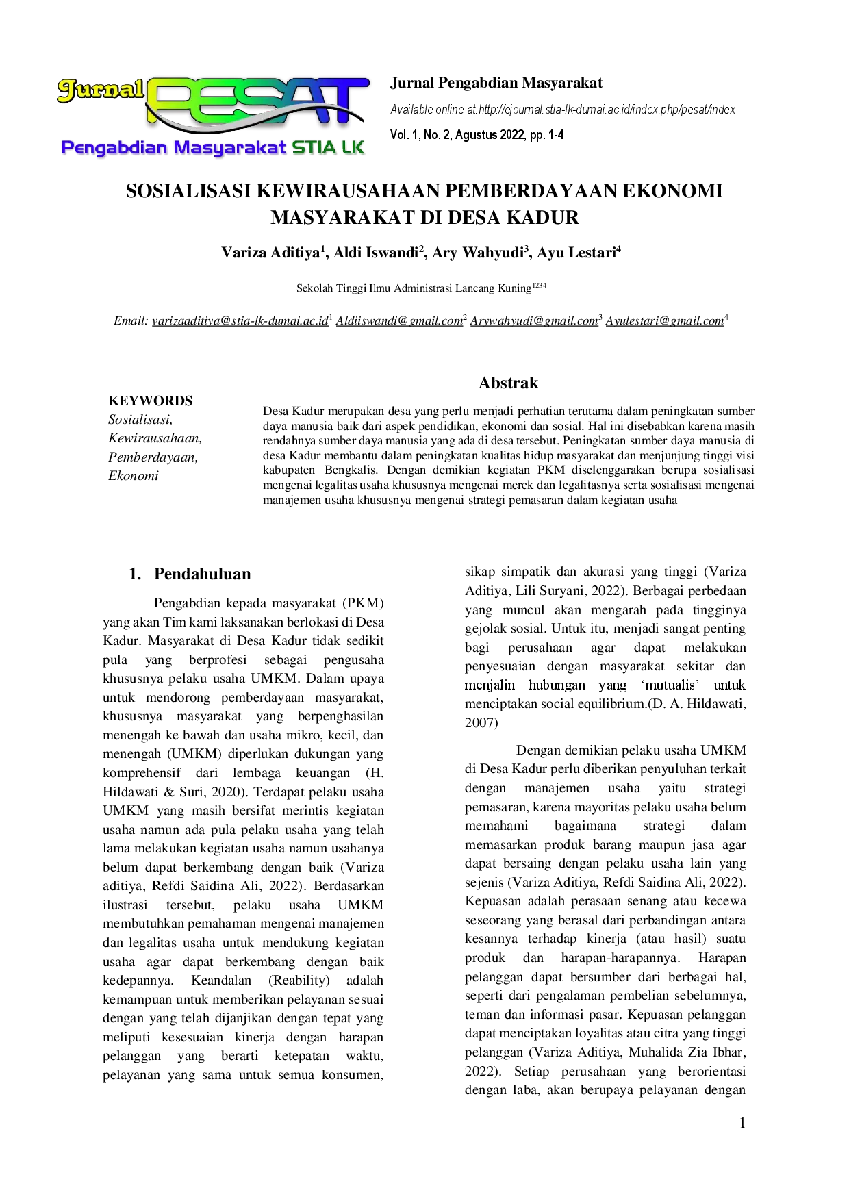 juris Sosialisasi Kewirausahaan Pemberdayaan Ekonomi Masyarakat Di Desa Kadur