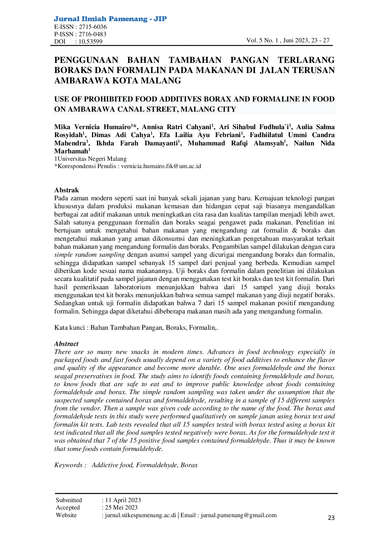 JURIS PENGGUNAAN BAHAN TAMBAHAN PANGAN TERLARANG BORAKS DAN FORMALIN PADA MAKANAN DI JALAN TERUSAN AMBARAWA KOTA MALANG