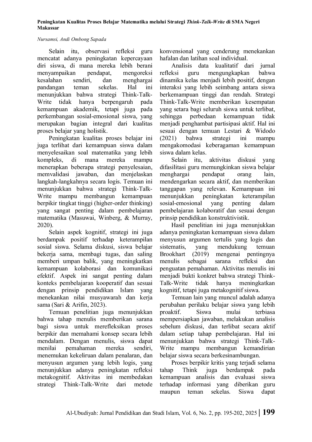 JURIS Peningkatan Kualitas Proses Belajar Matematika melalui Strategi Think Talk Write di SMA Negeri Makassar