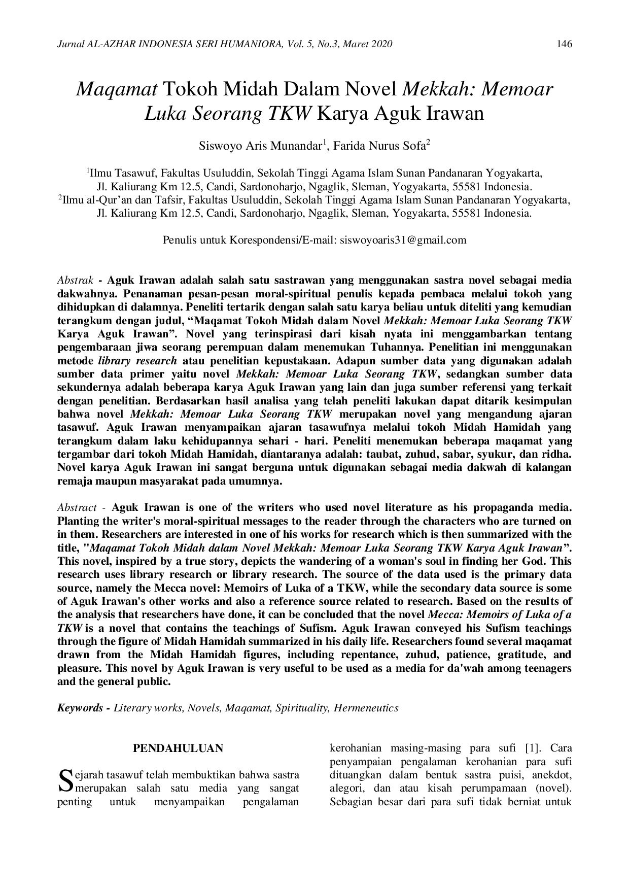 JURIS Maqamat Tokoh Midah Dalam Novel Mekkah Memoar Luka Seorang TKW Karya Aguk Irawan