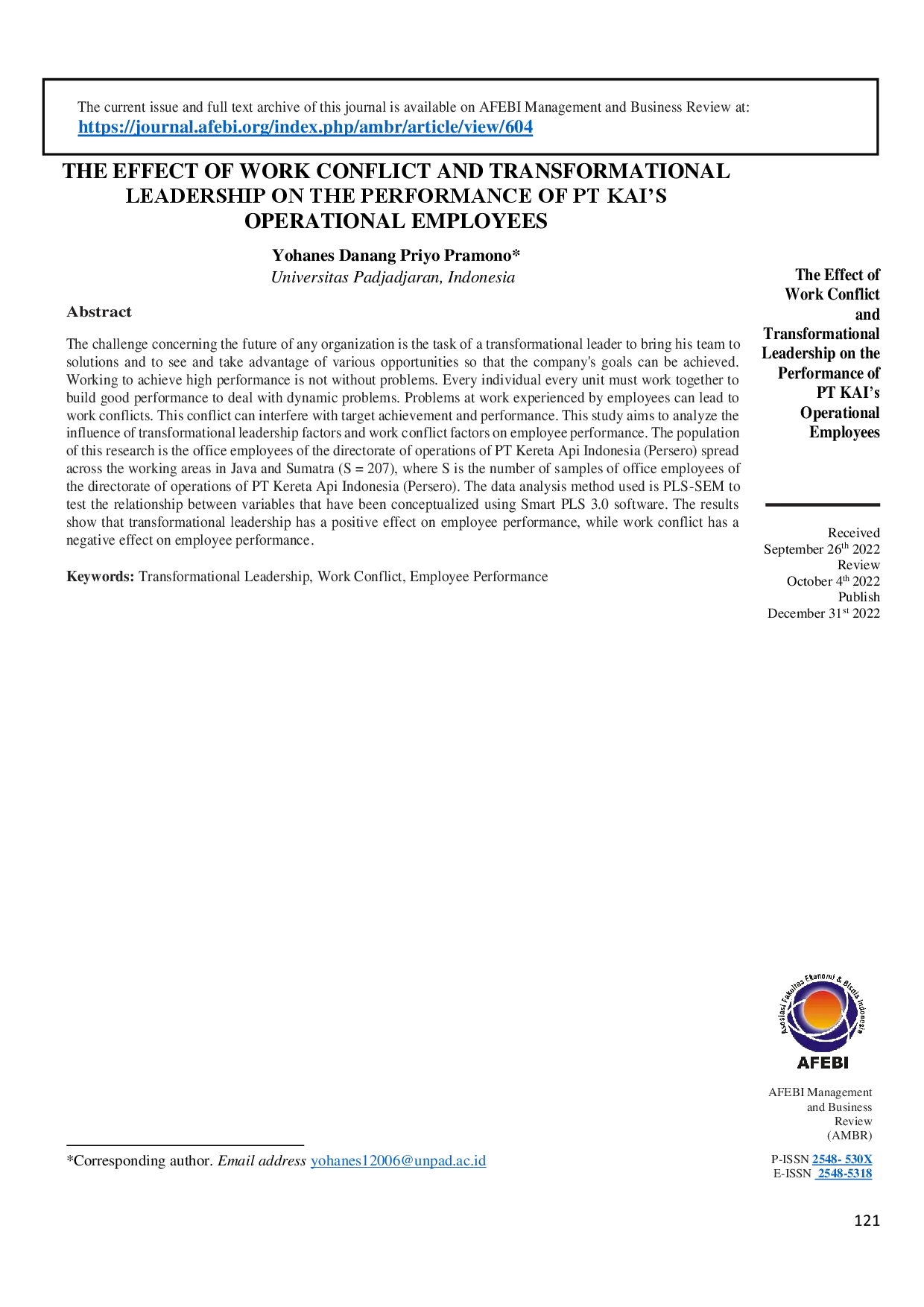 juris The Effect of Work Conflict and Transformational Leadership on the Performance of PT KAI s Operational Employees