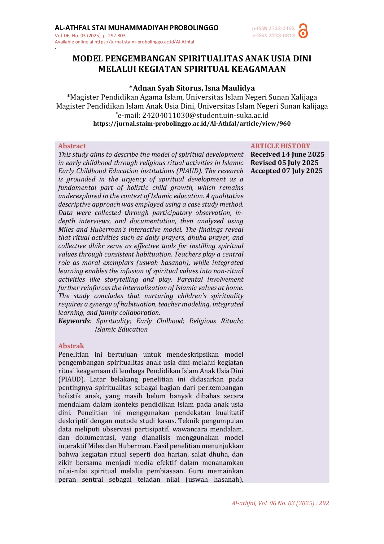 JURIS Model Pengembangan Spiritualitas Anak Usia Dini Melalui Kegiatan Spiritual Keagamaan