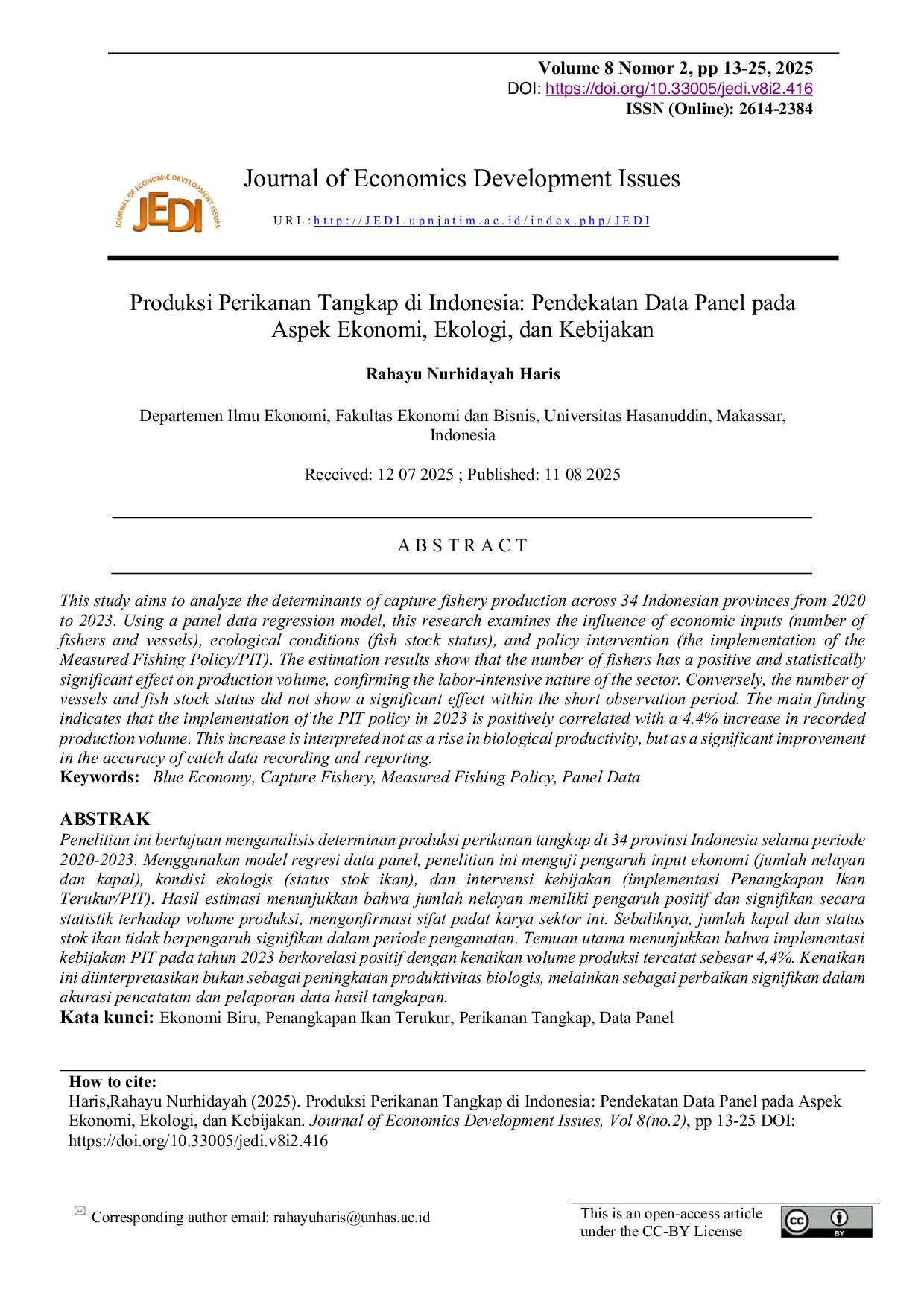 JURIS Produksi Perikanan Tangkap di Indonesia Pendekatan Data Panel pada Aspek Ekonomi Ekologi dan Kebijakan