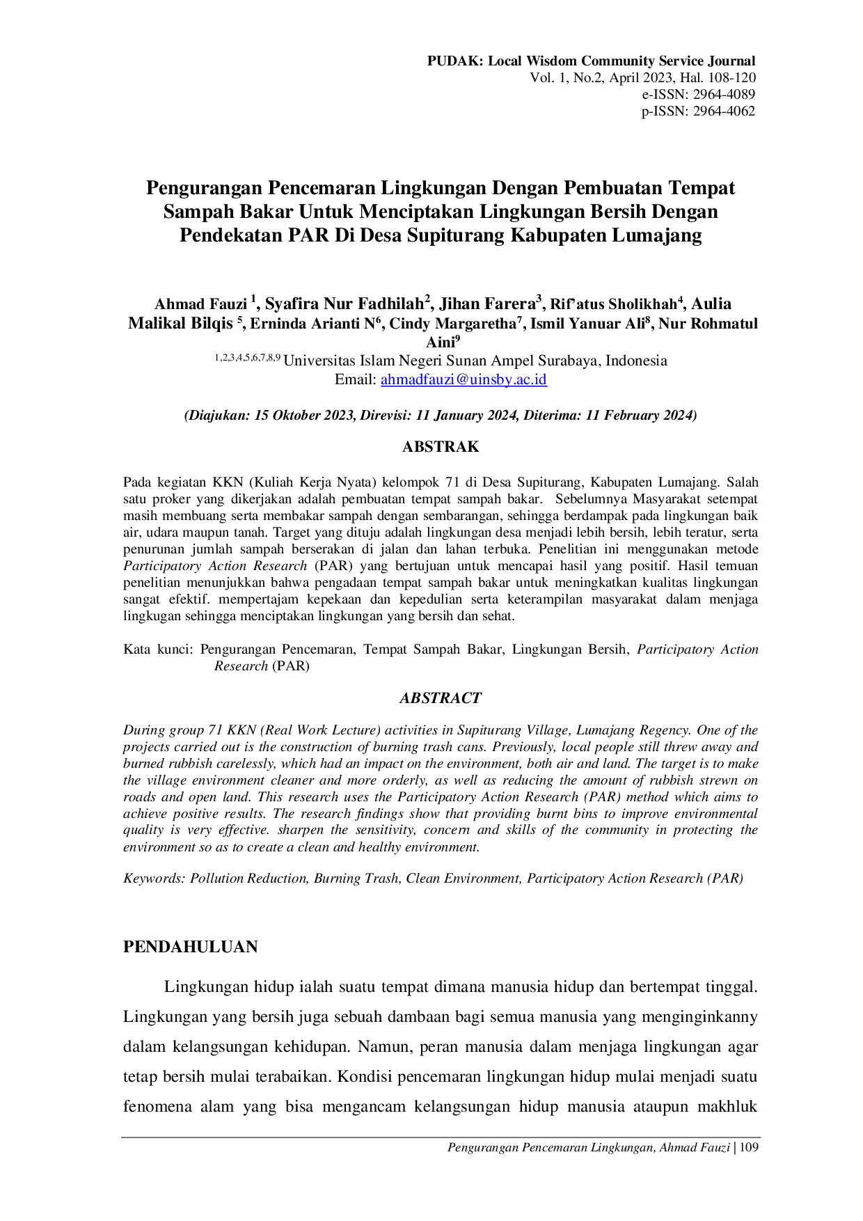 JURIS Pengurangan Pencemaran Lingkungan Dengan Pembuatan Tempat Sampah Bakar Untuk Menciptakan Lingkungan Bersih Dengan Pendekatan PAR Di Desa Supiturang Kabupaten Lumajang