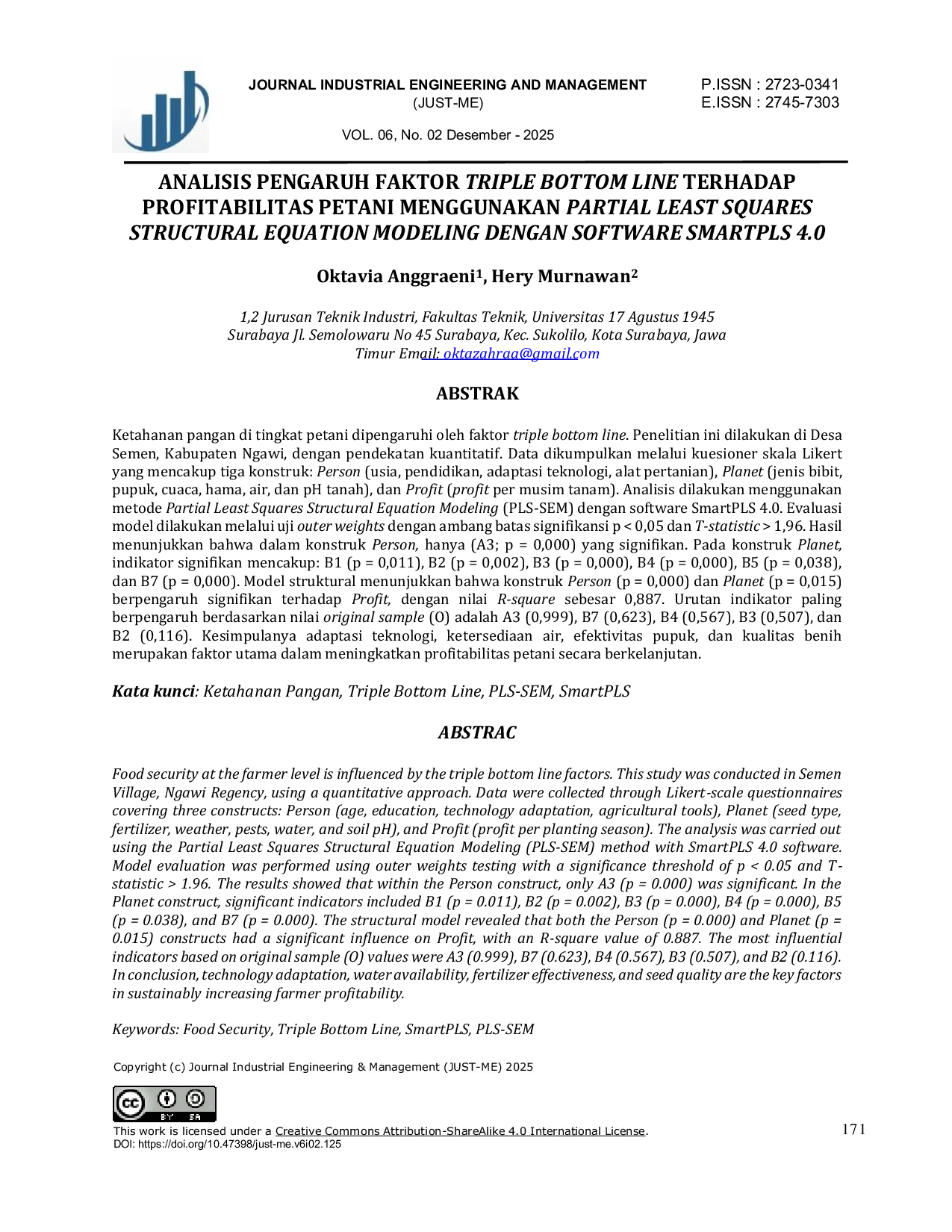 JURIS Analisis Pengaruh Faktor Triple Bottom Line Terhadap Profitabilitas Petani Menggunakan Partial Least Squares Structural Equation Modeling Dengan Software Smartpls 4 0