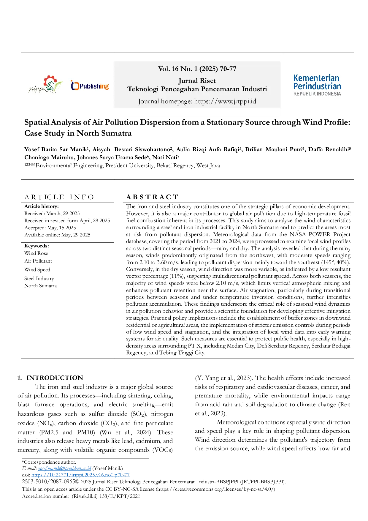 JURIS Spatial Analysis of Air Pollution Dispersion from a Stationary Source through Wind Profile Case Study in North Sumatra