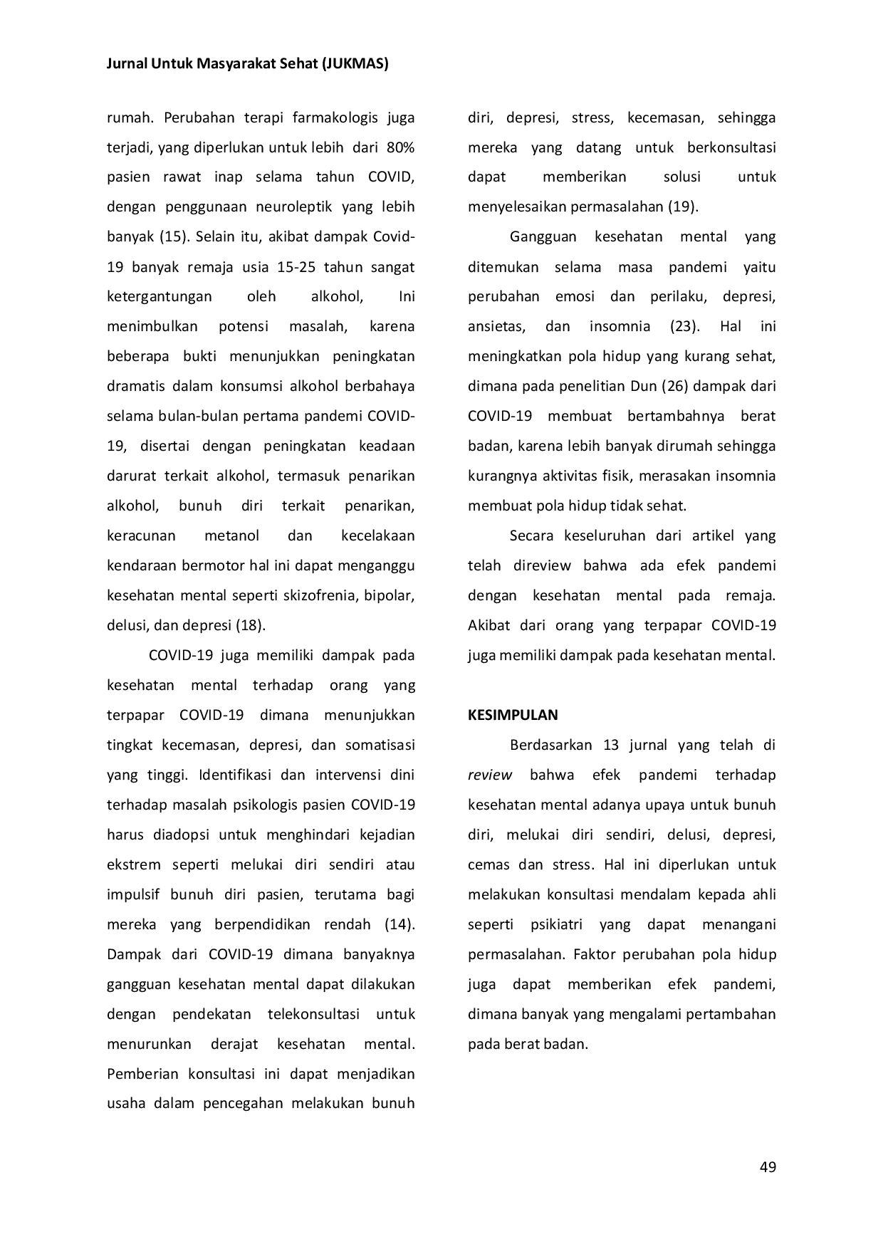 JURIS Efek Pandemi COVID 19 Terhadap Kesehatan Mental Remaja