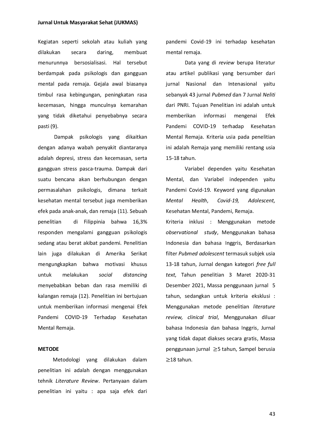 JURIS Efek Pandemi COVID 19 Terhadap Kesehatan Mental Remaja