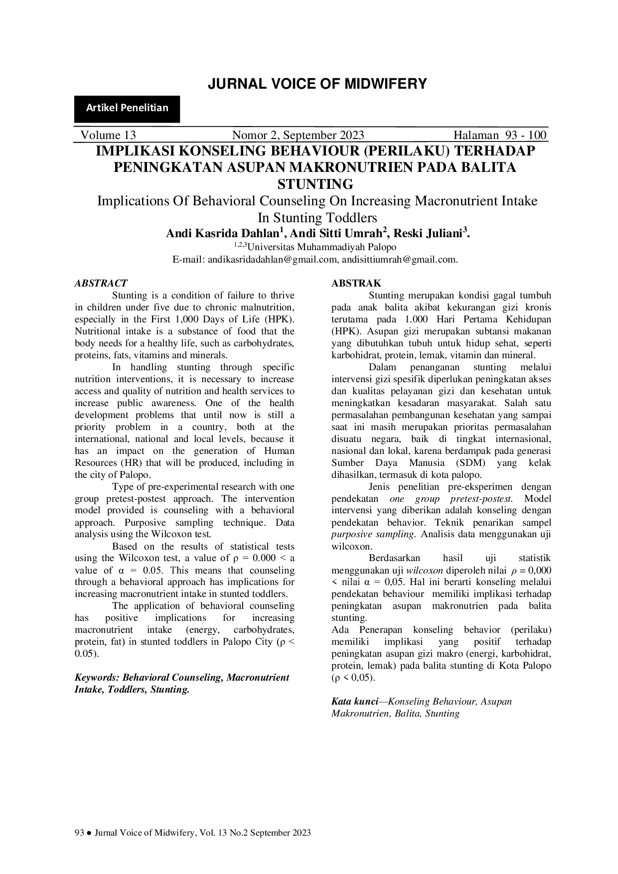 JURIS Implikasi Konseling Behavior Perilaku terhadap Peningkatan Asupan Makronutrion pada Balita Stunting