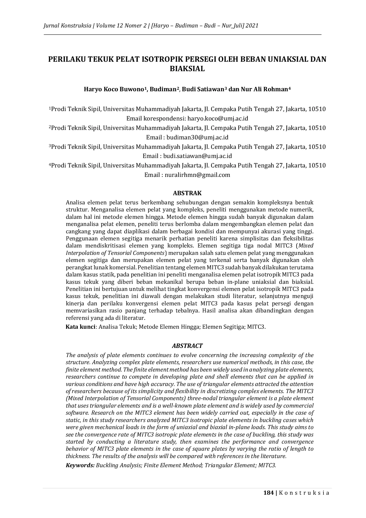 JURIS Perilaku Tekuk Pelat Isotropik Persegi Oleh Beban Uniaksial Dan Biaksial