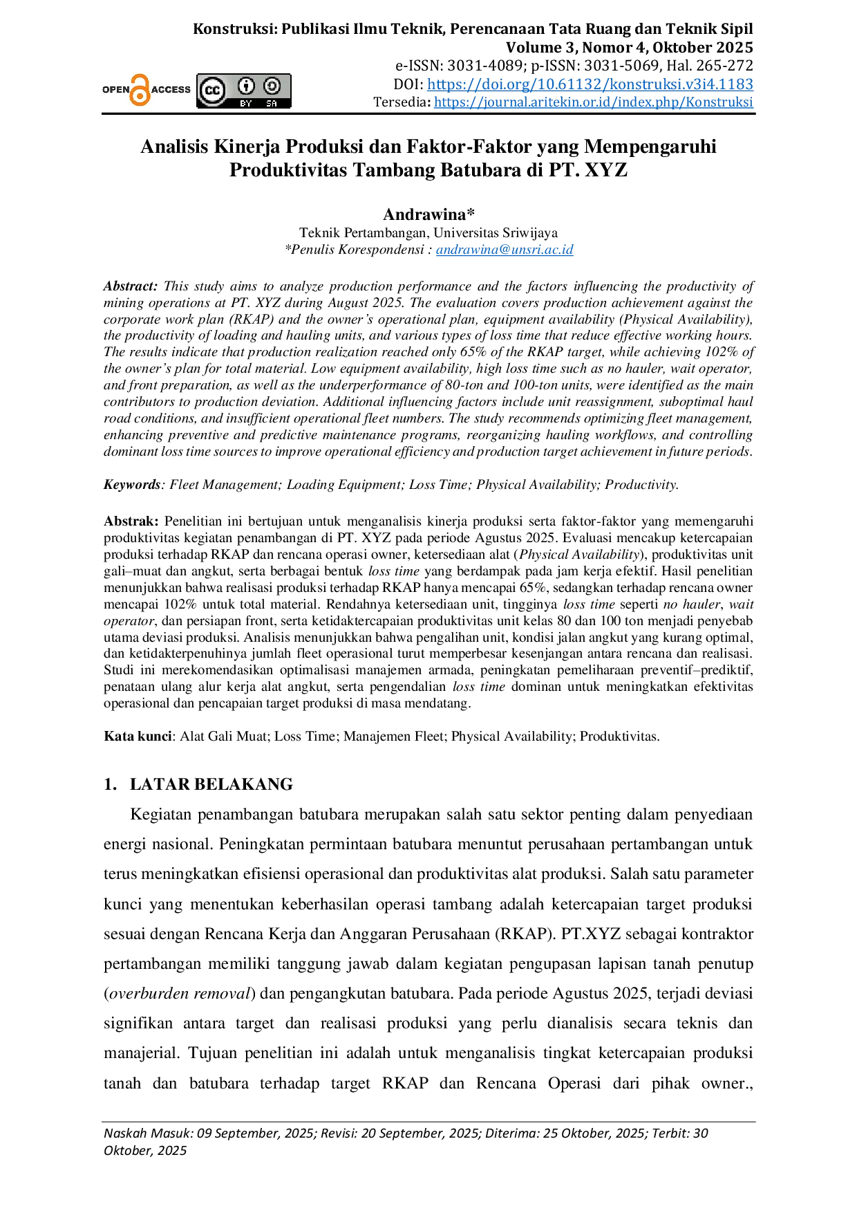 JURIS Analisis Kinerja Produksi dan Faktor Faktor yang Mempengaruhi Produktivitas Tambang Batubara di PT XYZ