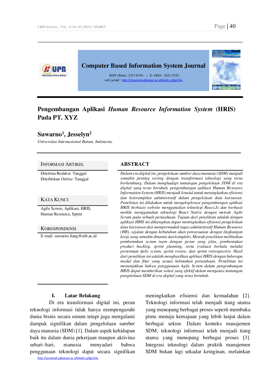 JURIS Pengembangan Aplikasi Human Resource Information System HRIS Pada PT XYZ