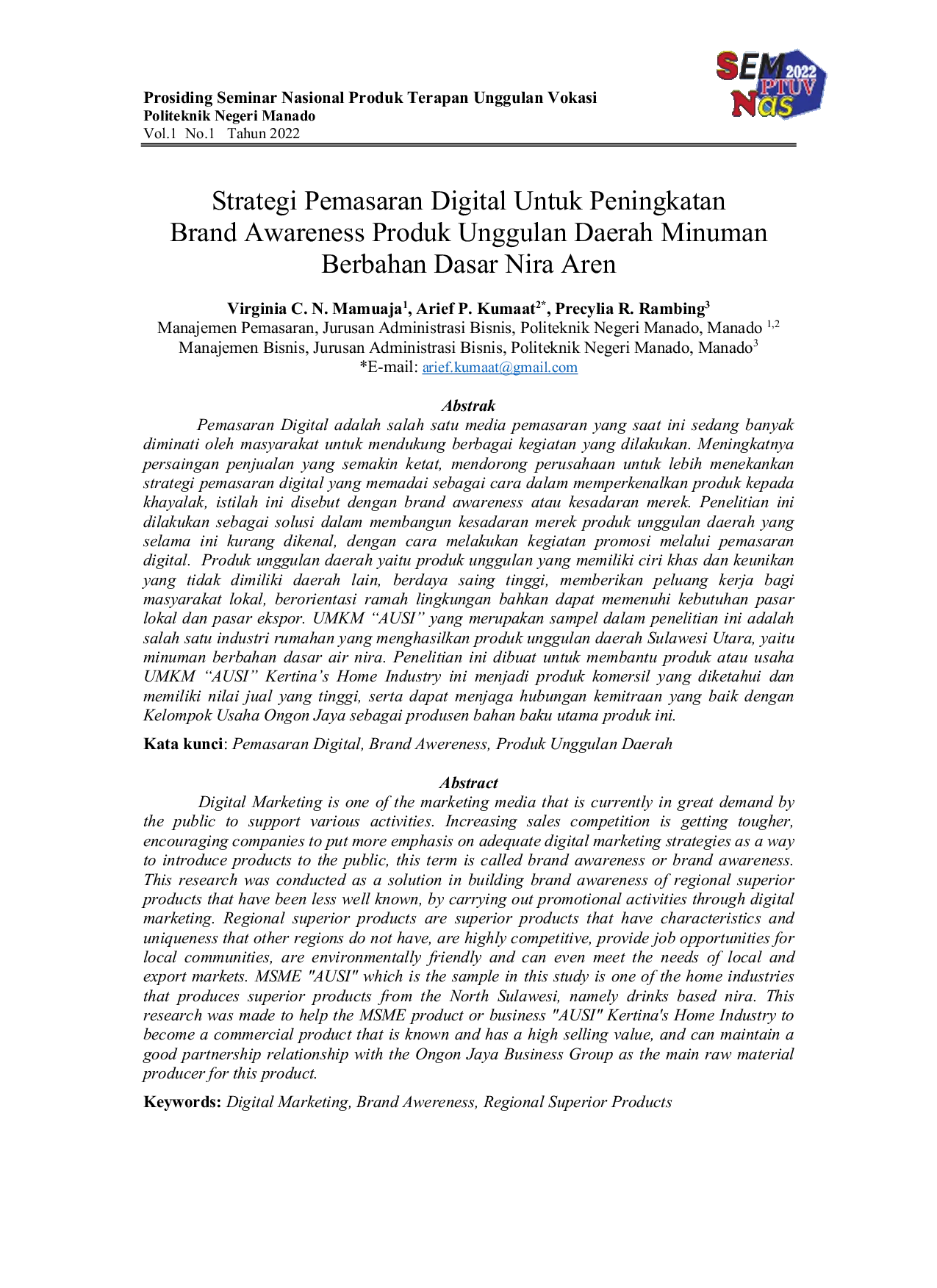 JURIS Strategi Pemasaran Digital Untuk Peningkatan Brand Awareness Produk Unggulan Daerah Minuman Berbahan Dasar Nira Aren