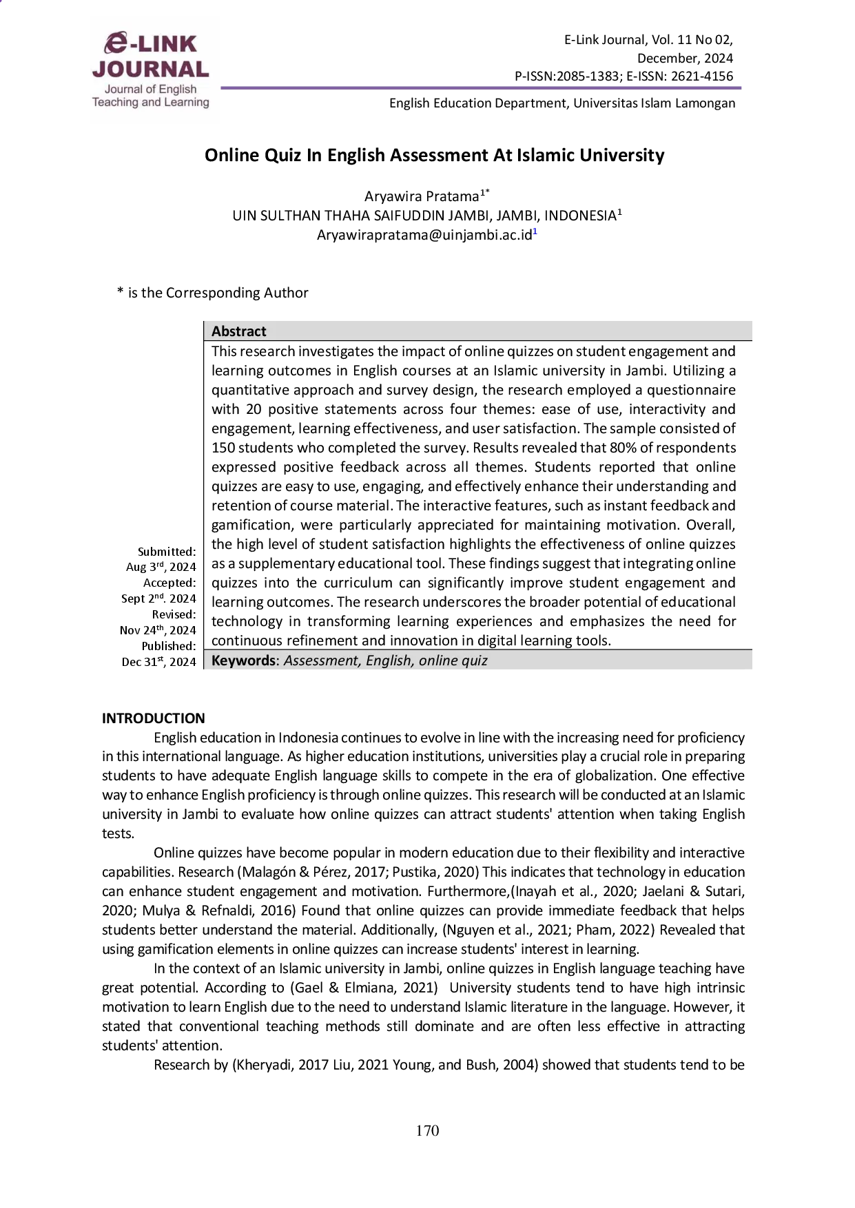 juris Online Quiz in English Assessment at Islamic University