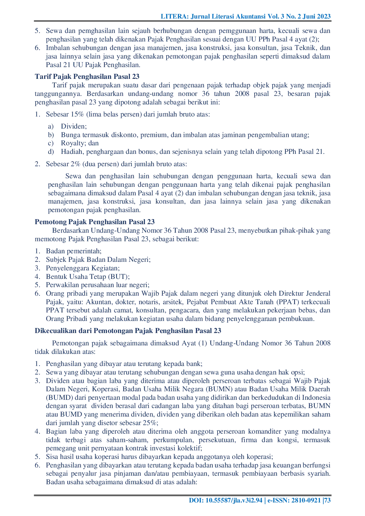 JURIS Prosedur Pengenaan Pajak Penghasilan Pasal 23 Hasil Negosiasi Antara Jasa Vendor dengan PT Bank Rakyat Indonesia Kantor Cabang Kota Serang