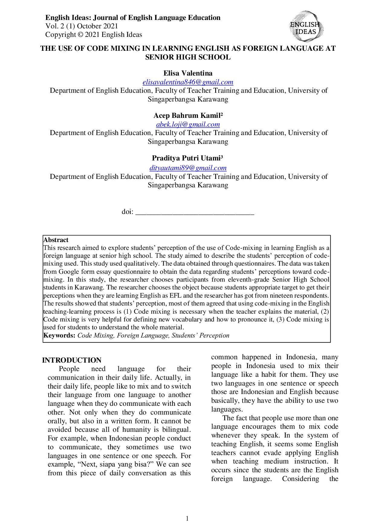JURIS The Use of Code Mixing in Learning English as Foreign Language at Senior High School