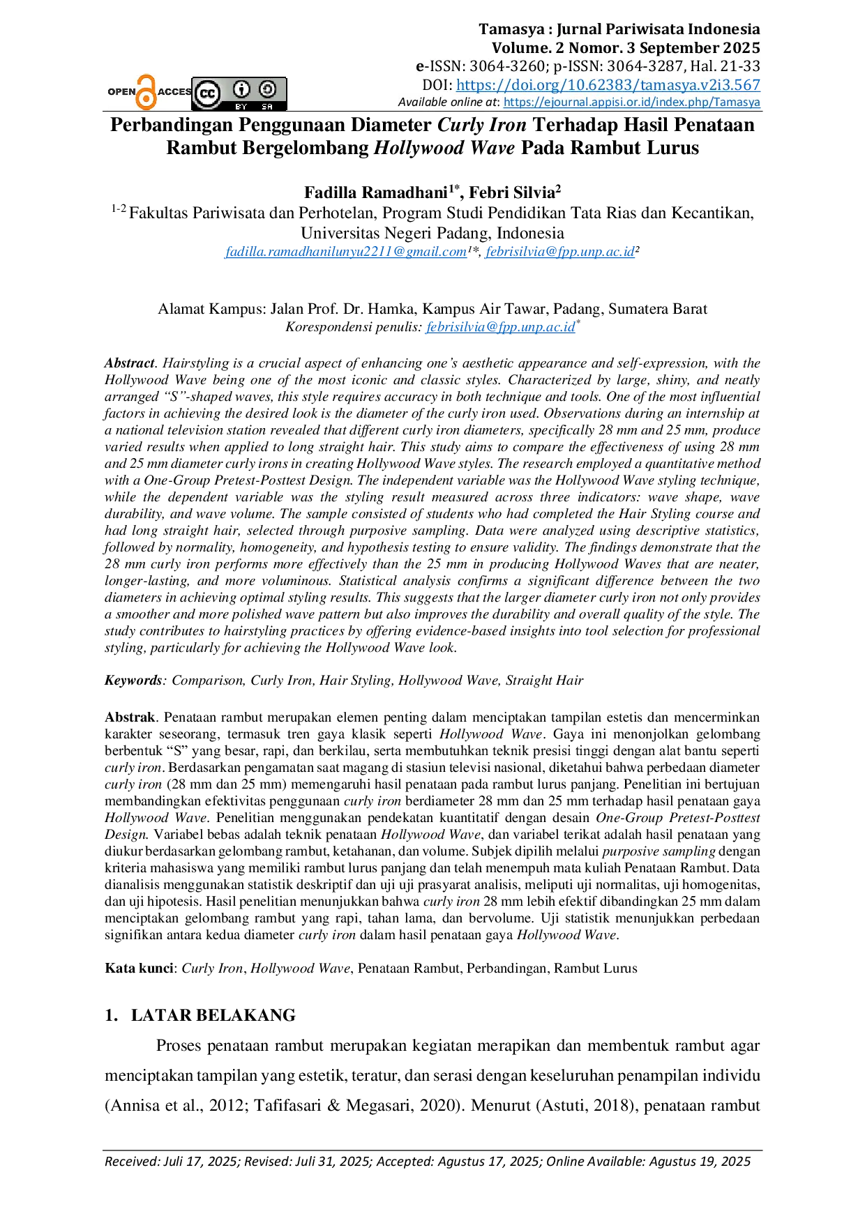 JURIS Perbandingan Penggunaan Diameter Curly Iron Terhadap Hasil Penataan Rambut Bergelombang Hollywood Wave Pada Rambut Lurus