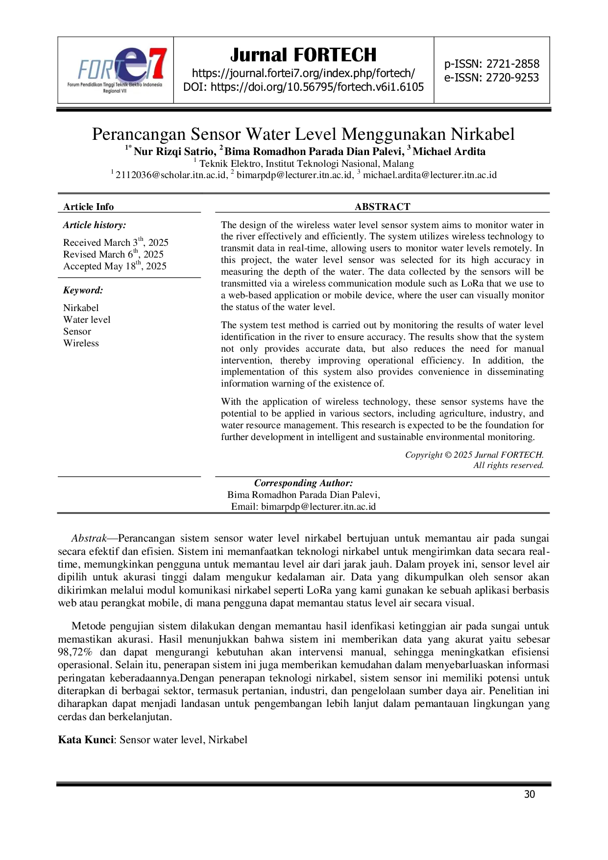 JURIS Perancangan Sensor Water Level Menggunakan Nirkabel