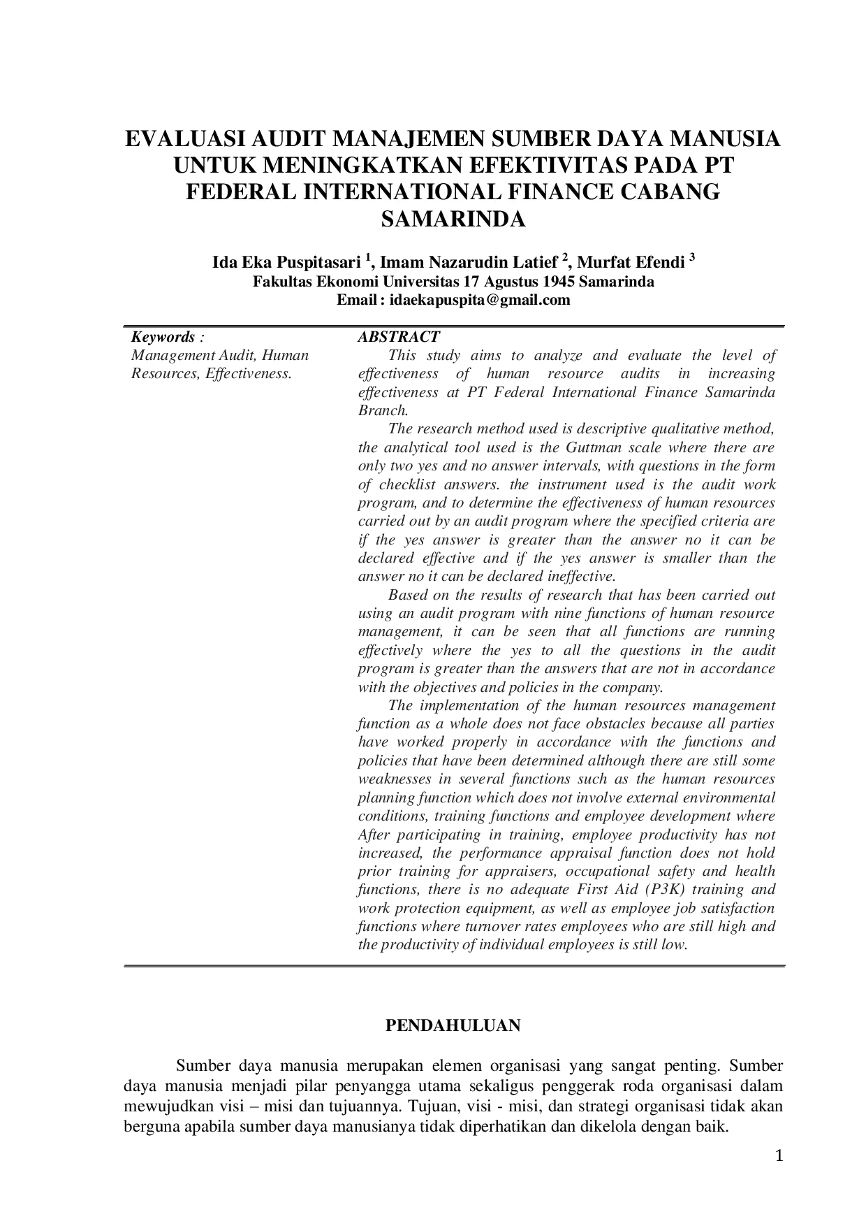 JURIS Evaluation of Management Audit of Human Resources to Improve Effectiveness at PT Federal International Finance Branch Samarinda