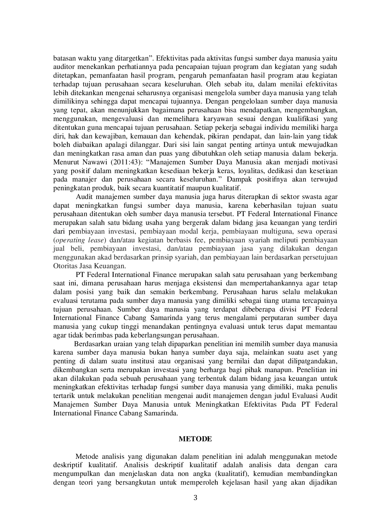 JURIS Evaluation of Management Audit of Human Resources to Improve Effectiveness at PT Federal International Finance Branch Samarinda