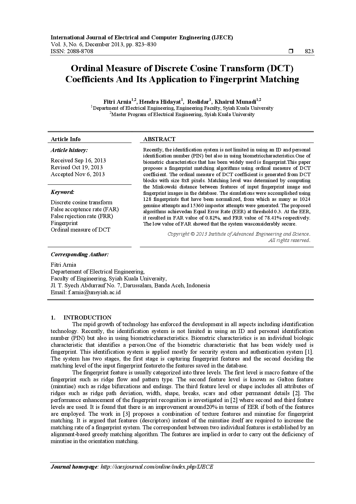 juris Ordinal Measure of Discrete Cosine Transform Coefficients and its Application to Fingerprint Matching