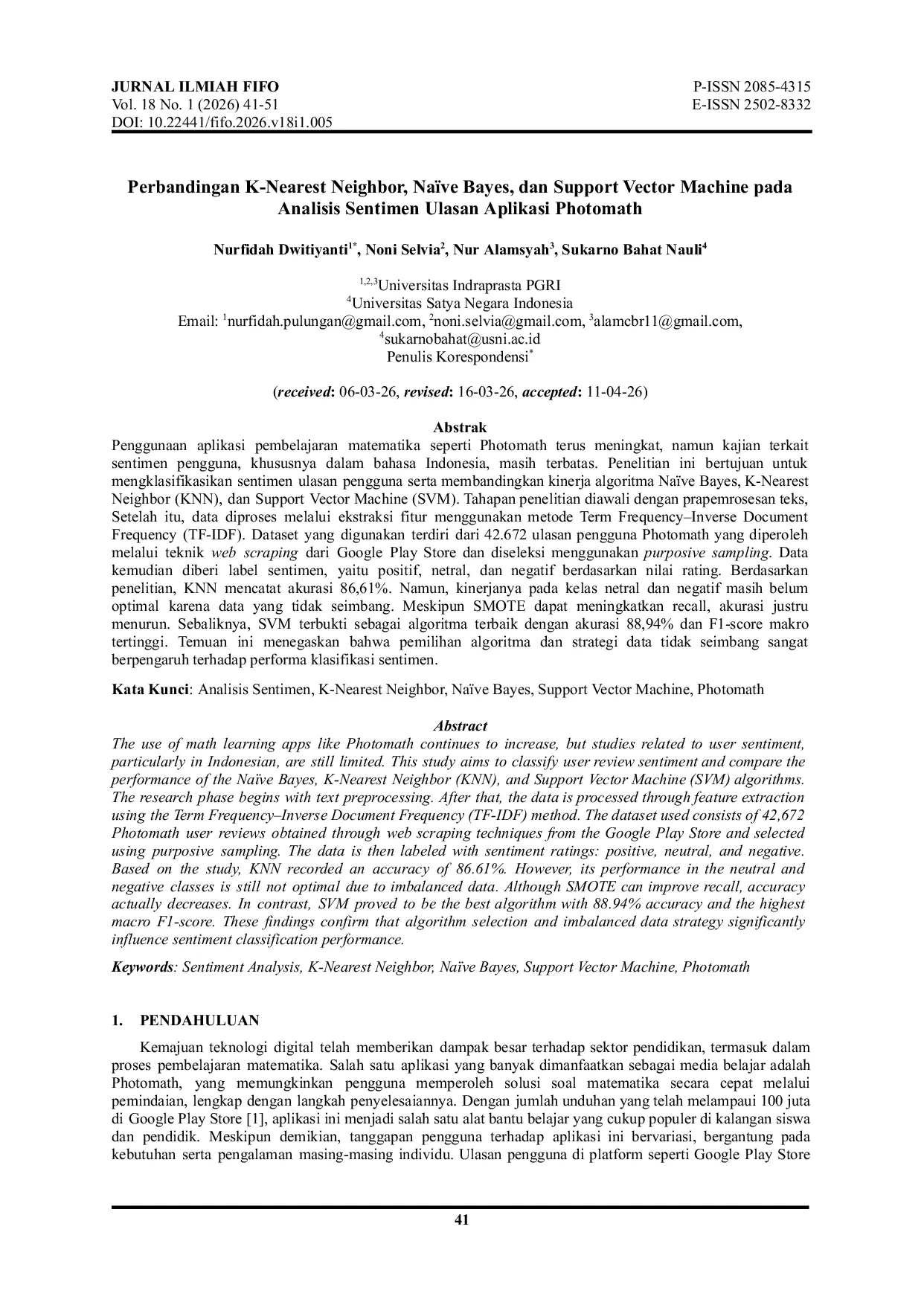 JURIS Perbandingan K Nearest Neighbor Na ve Bayes dan Support Vector Machine pada Analisis Sentimen Ulasan Aplikasi Photomath