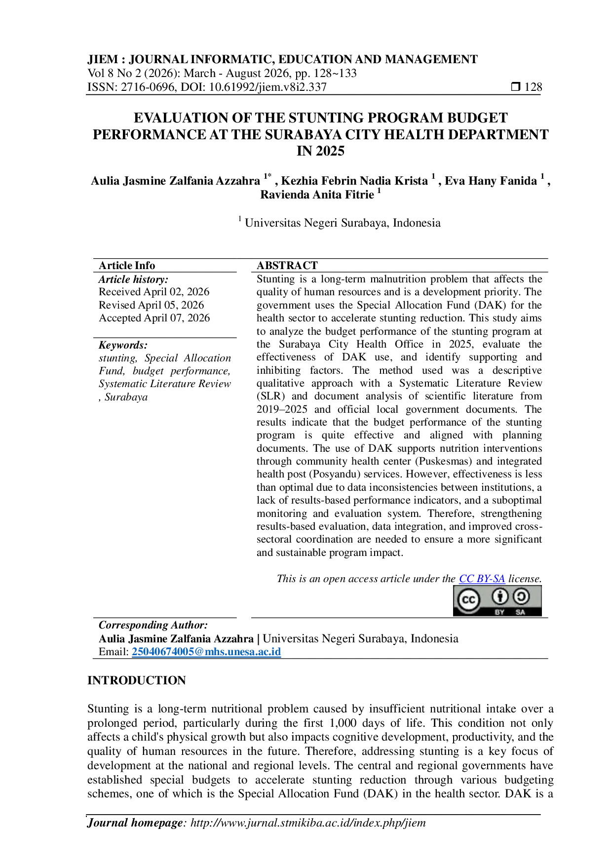 JURIS Evaluation of the Stunting Program Budget Performance at the Surabaya City Health Department in 2025