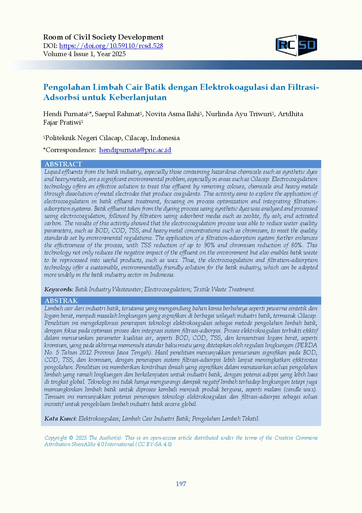 juris Pengolahan Limbah Cair Batik Dengan Elektrokoagulasi Dan FiltrasiAcAdsorbsi Untuk Keberlanjutan
