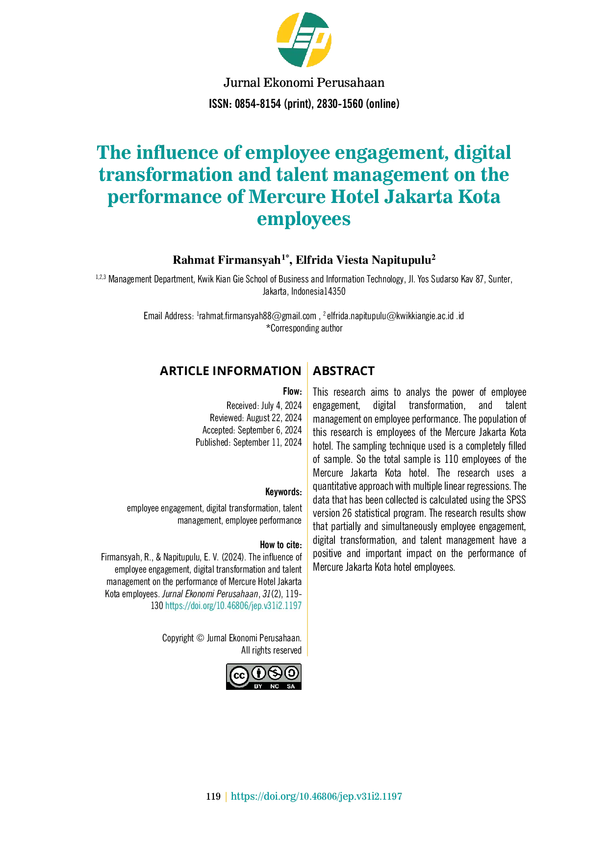 JURIS The influence of employee engagement digital transformation and talent management on the performance of Mercure Hotel Jakarta Kota employees