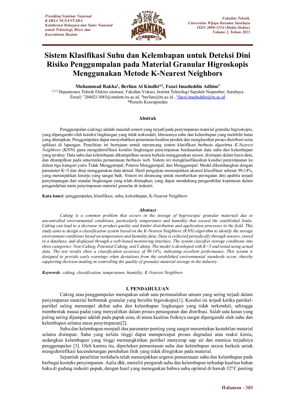 JURIS Sistem Klasifikasi Suhu dan Kelembapan untuk Deteksi Dini Risiko Penggumpalan pada Material Granular Higroskopis Menggunakan Metode K Nearest Neighbors