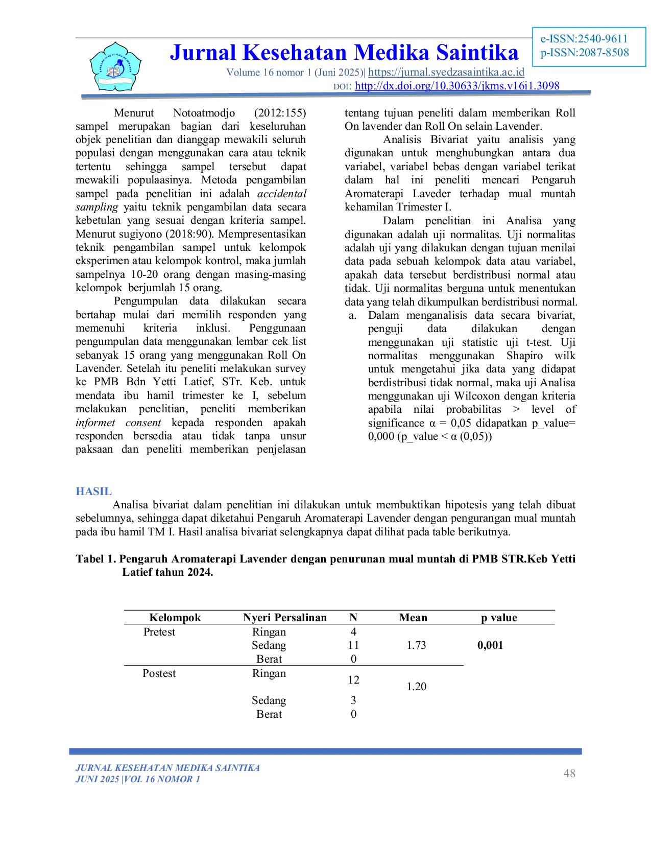 JURIS PENGARUH AROMATERAPI LAVENDER Lavandula Angustifolia TERHADAP PENGURANGAN MUAL MUNTAH IBU HAMIL TRIMESTER I