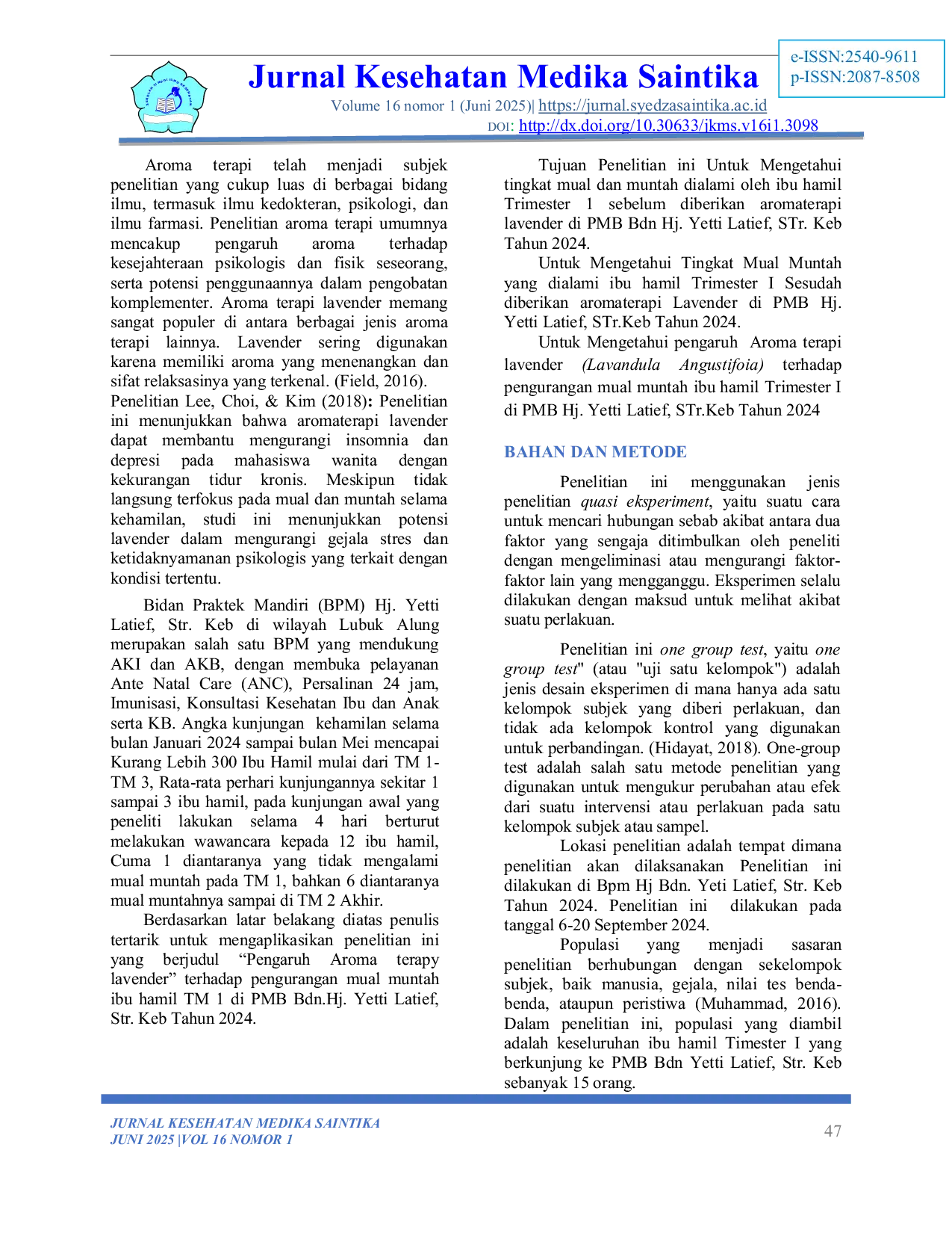 JURIS PENGARUH AROMATERAPI LAVENDER Lavandula Angustifolia TERHADAP PENGURANGAN MUAL MUNTAH IBU HAMIL TRIMESTER I