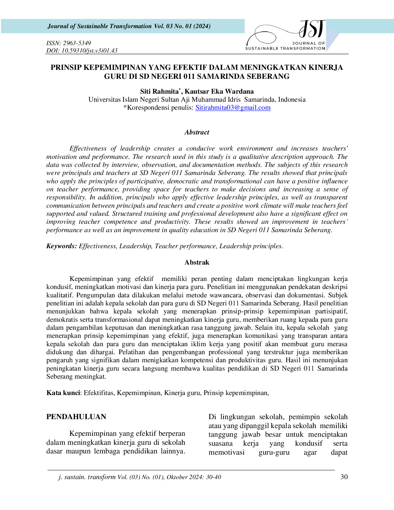 juris Prinsip Kepemimpinan Yang Efektif Dalam Meningkatkan Kinerja Guru di SD Negeri 011 Samarinda Seberang